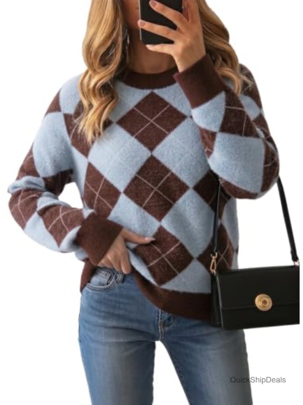 Women's Argyle Colorblock Pullover Sweater Loose Fit Crew Neck Long Sleeve